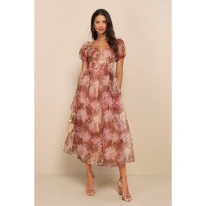 Lulus Lovely Statement Light Brown Floral Organza Tie-back Midi Dress - Size XL